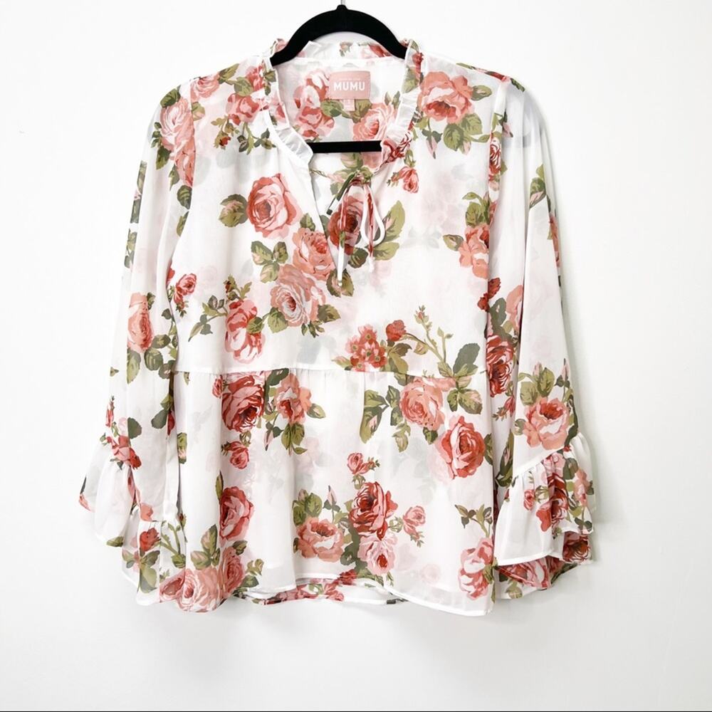Show Me Your MuMu White Floral Peasant Shirt SZ S